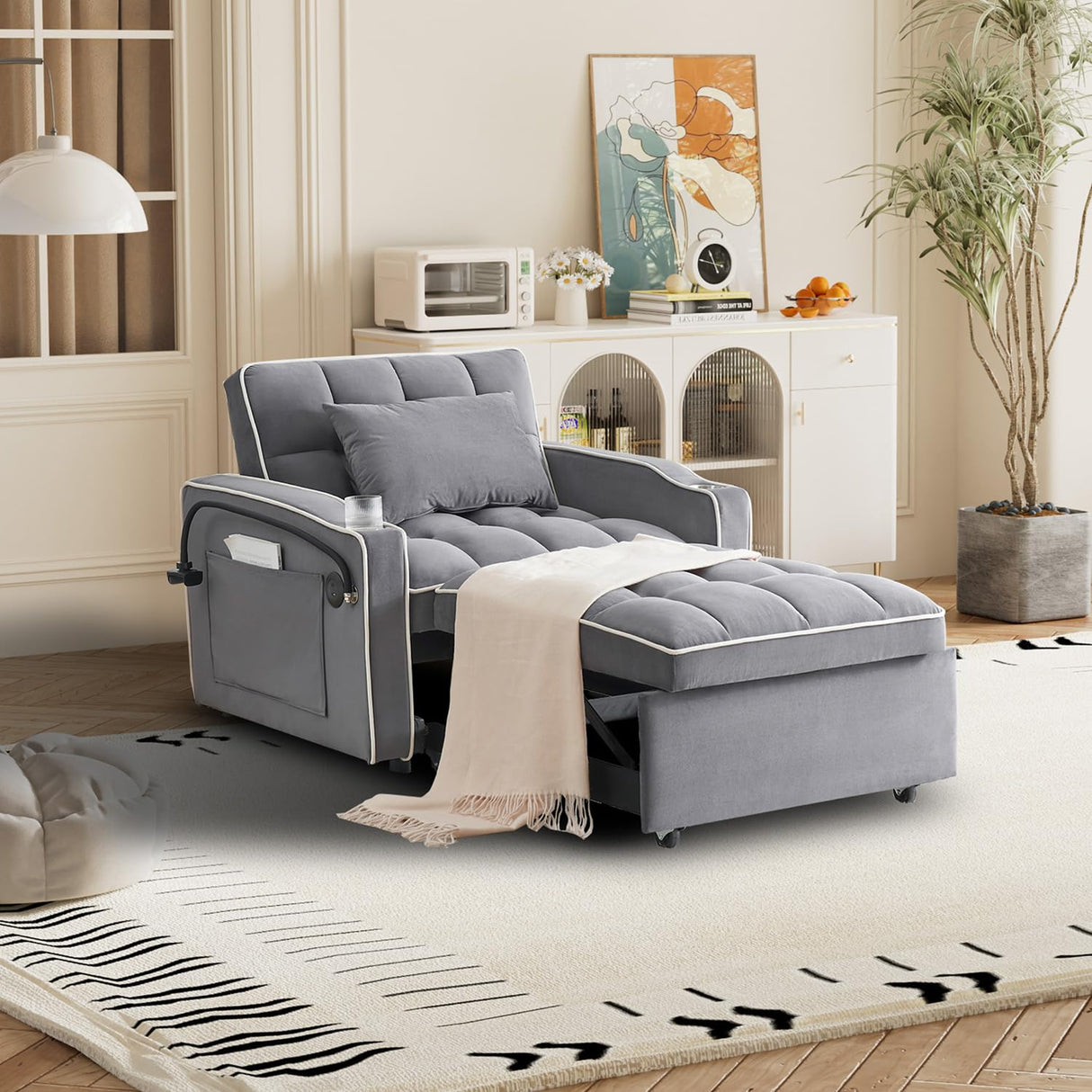 3 in 1 Sleeper Sofa Chair Bed,Velvet Convertible Sleeper Chair Bed,Pull Out Bed Chair With USB Port & Ashtray and Swivel Phone Stand & Storage Pockets,Modern Chair Sleeper Bed for Living Room jurmiture