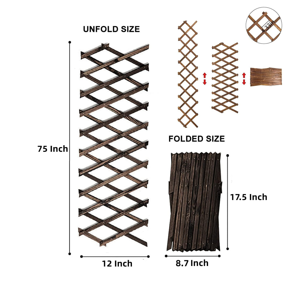 4 PCS Expandable Garden Trellis, 12" x 75" Wooden Lattice Fence Wall Panel Stretchable Decorative Fences Lattice Trellis for Climbing Plants Outdoor Ivy Vine Rose Clematis Garden Patio Room Decor (4) Bounmer