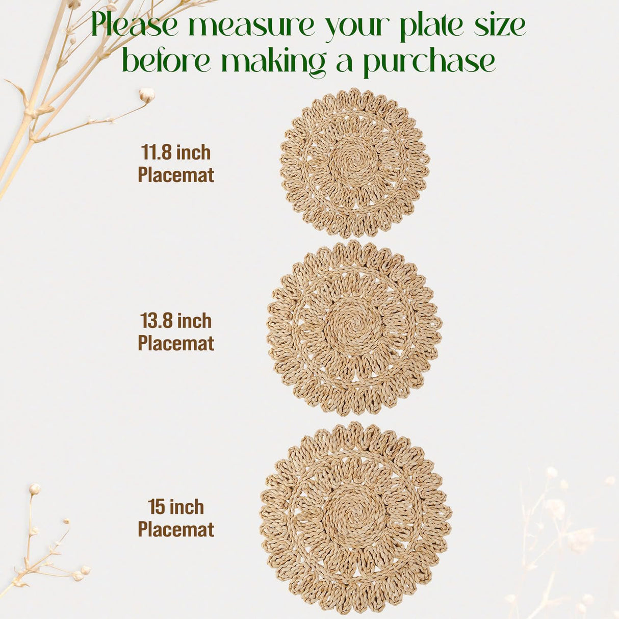 13.8" Corn Husk Woven Round Placemats Set of 6 - Wicker Boho Farmhouse Placemats - Rattan Table Mats for Dining Table, Wedding, Home DAI VU CRAFTS