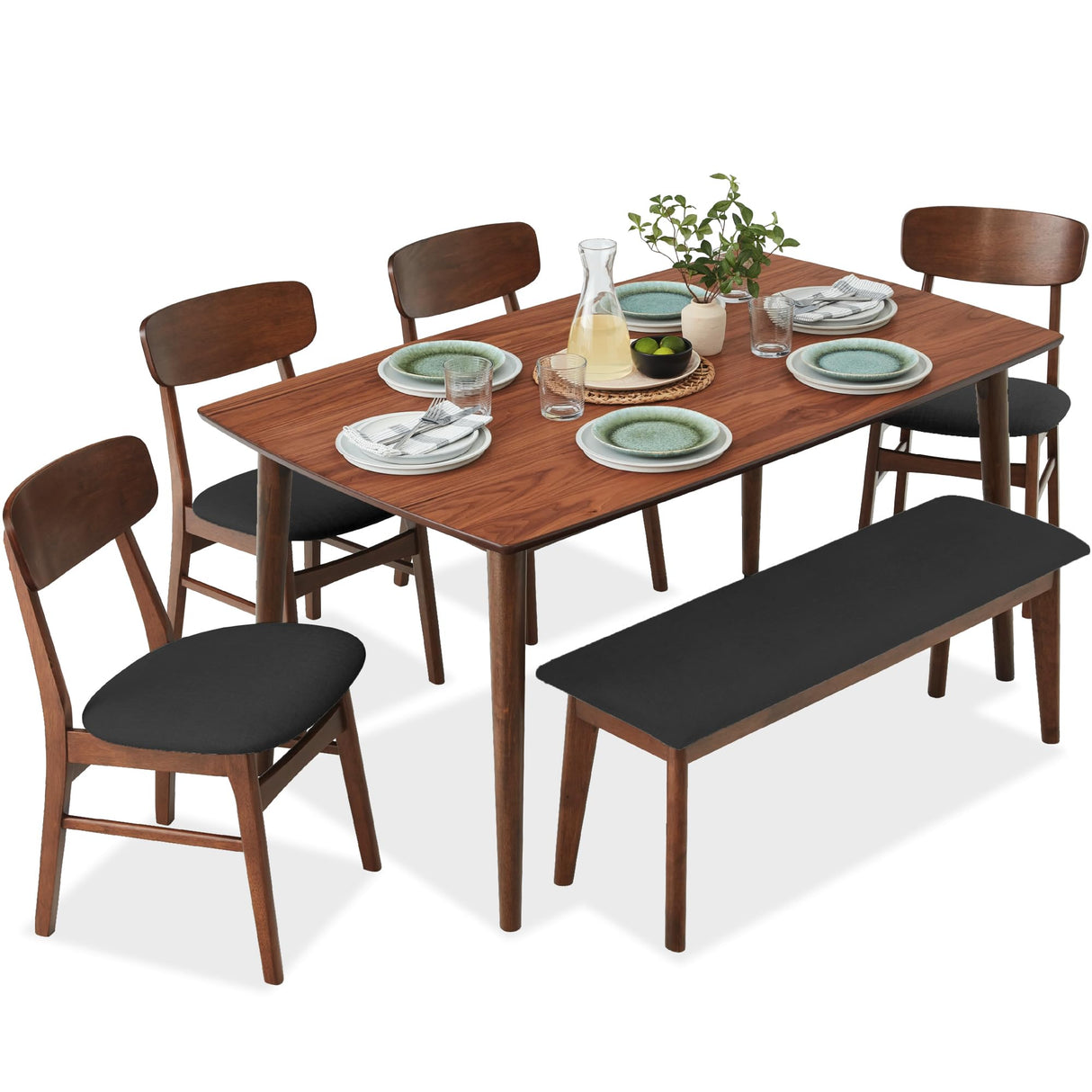 Best Choice Products 6-Piece Wooden Dining Set, Mid-Century Modern Table & Upholstered Chair Set w/Bench Seat, Rubberwood Legs - Walnut/Charcoal Best Choice Products
