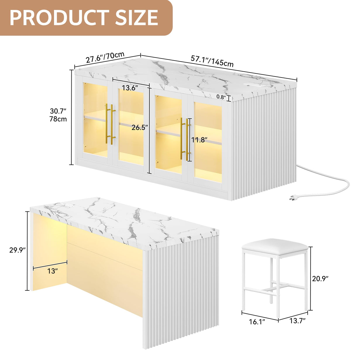 Homiflex Kitchen Island with Storage, 57" W Large Island Table with Seating/LED Light for Dining Room, Kitchen Carts on Wheels Breakfast Bar Table w/Power Outlet, White Homiflex