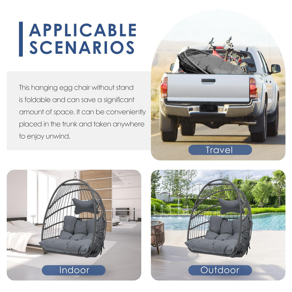 Nicesoul Patio Hanging Egg Chair No Stand, Foldable Ceiling Egg Basket Chairs Without Stand Indoor Outdoor, 350lbs Egg Shell Swing Hammock Chair with Cushion for Backyard, Balcony, Outside, Dark Grey NICESOUL