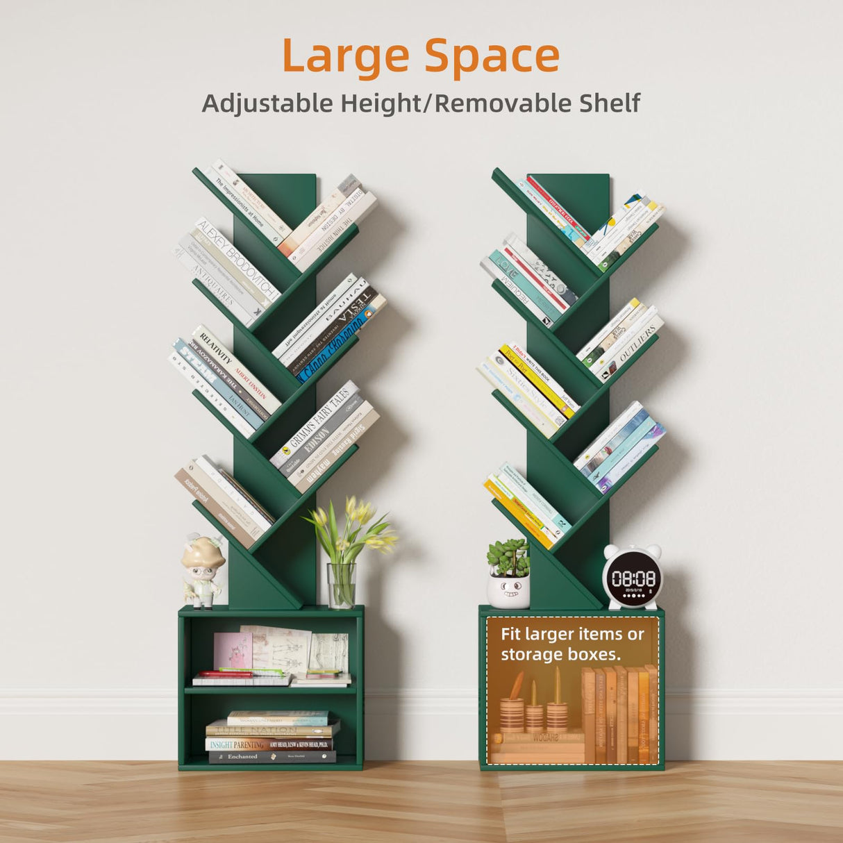 SHEEPAM 10 Tier Tree Bookshelf,Christmas Green Bookcase for Narrow Space, Storage Organizer Floor Standing Bookshelves for Books, Tall Book Case for Home Office, Living Room, Bedroom