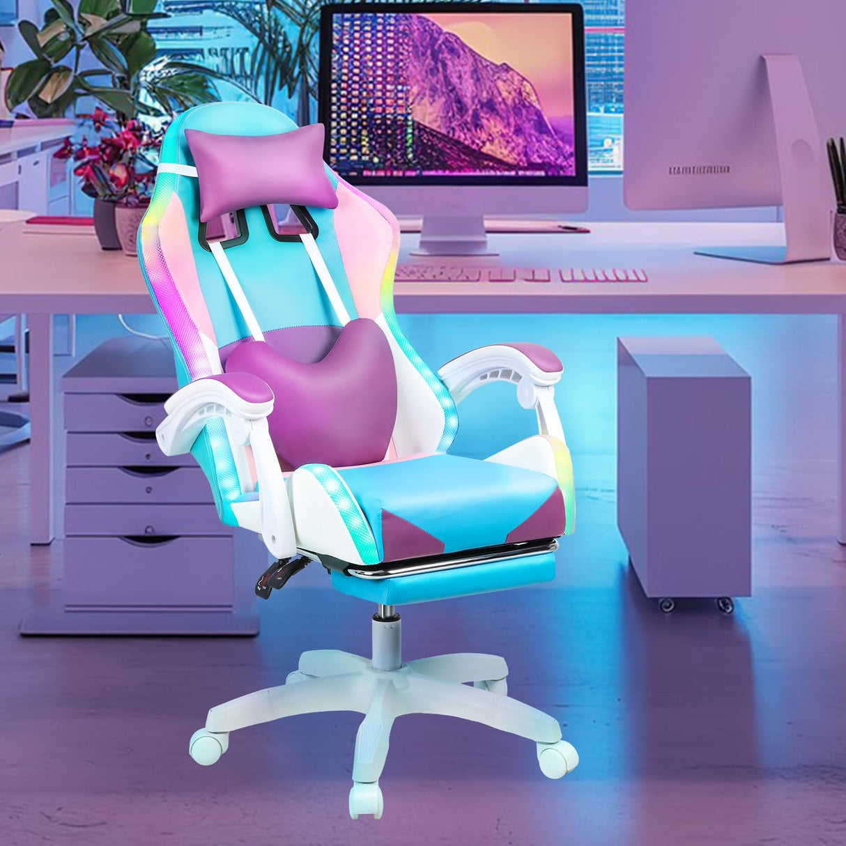 RFEGJVII Gaming Chair Massage with RGB LED Lights, Girl Video Chair, Adult Ergonomic Computer Chair Footrest, Reclining High Back Video Game Chair with Adjustable Lumbar Support Linkage Armrest P RFEGJVII