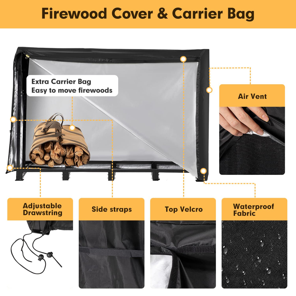 nalone 8FT Outdoor Firewood Rack with Cover&Carry Bag Heavy Duty Square Strong Stand Rack with Waterproof Cover for Fireplace Fire Pits Wood Pile Storage Holder Lumber Rack nalone