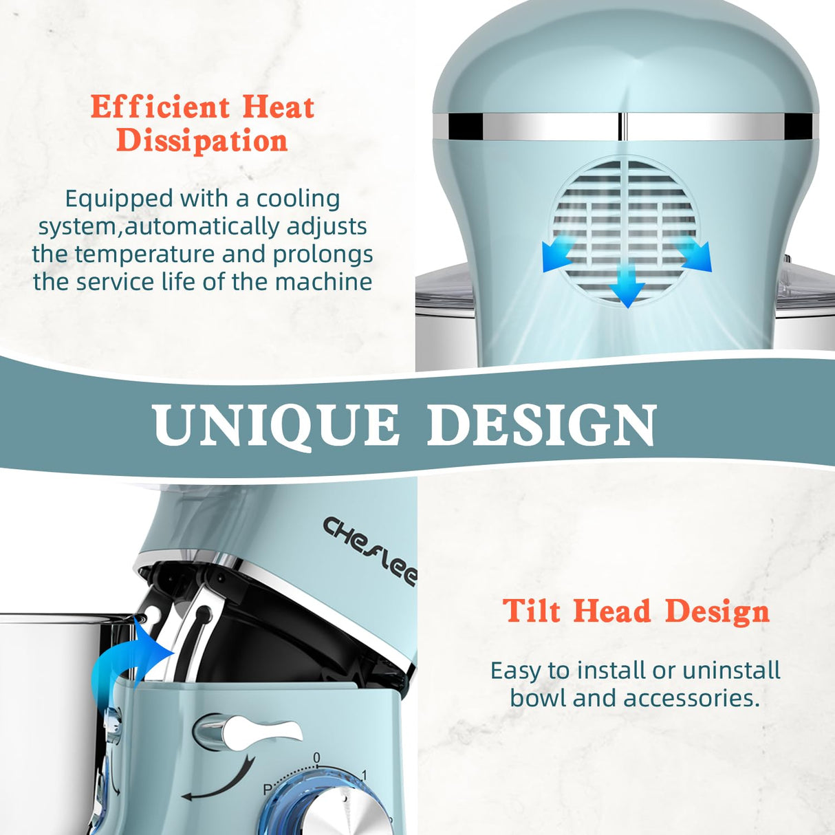 CHeflee Stand Mixer,600W 6+P With 6.5QT Stainless Steel Bowl,Dough Hook, Wire Whip & Beater,for Most Home Cooks,Blue CHeflee