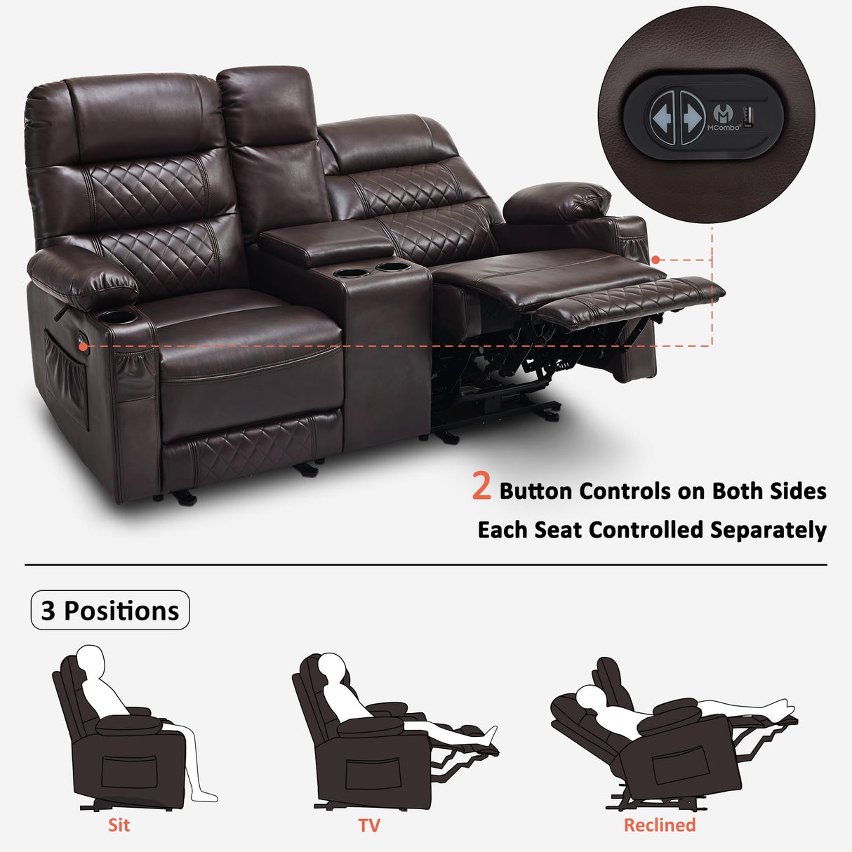 MCombo Zero Gravity Power Loveseat Recliner with Console, Heat and Vibration Massage, Reclining Loveseat Sofa with USB Ports, Cup Holders for Living Room, Faux Leather PR622Sets (Dark Brown) MCombo