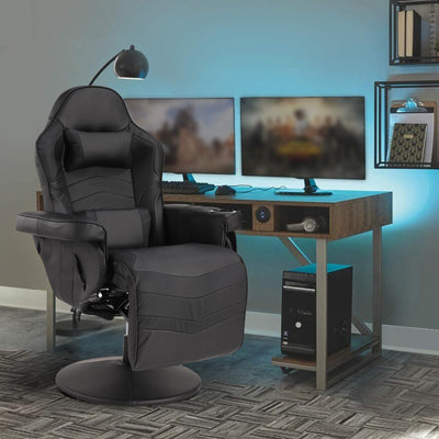 Consofa Gaming Chair, Reclining Gaming Chair with Footrest, PU Leather Massage Video Gaming Recliner Chair w/Adjustable Height, Swivel Gaming Chair with Lumbar Support, Side Pouch (Black)