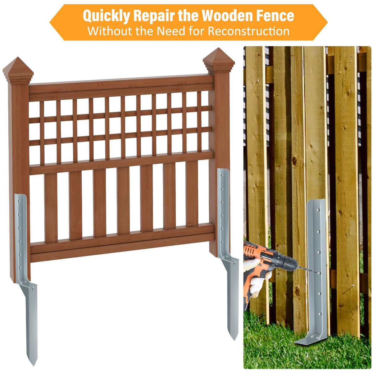 Raweao Fence Post Repair Stakes - 1 Pack Heavy Duty Steel Fence Post Anchor Ground Stakes for Repair Tilted or Broken Wood Fence Post Raweao