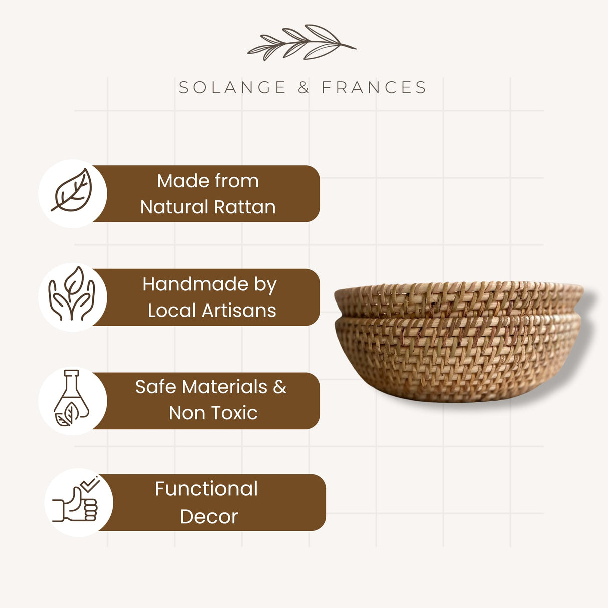 Solange & Frances Bread Basket for Table, Natural Rattan Fruit Bowl for Kitchen, Small Bread Bowl, Rattan Basket, Mothers Day Gifts for mom, Kitchen Table Decor, Bread Proofing Basket Solange & Frances