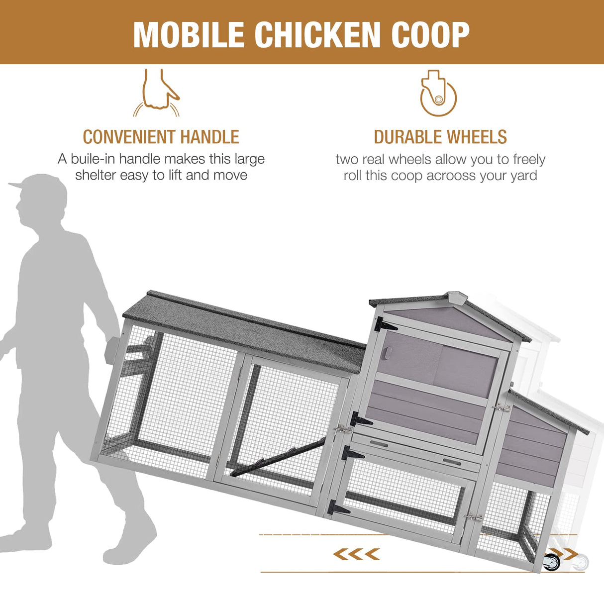 Mobile Chicken Coop with Nesting Box, Outdoor Hen House Poultry Cage with Casters X-Large GUTINNEEN