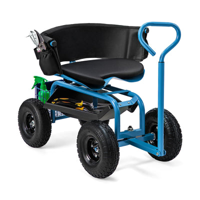 Goplus Garden Cart, Outdoor Rolling Garden Scooter W/Adjustable 360 Degree Swivel Seat, Tool Tray & Storage Basket, Extendable Handle, Yard Gardening Work Seat with Wheels, Blue