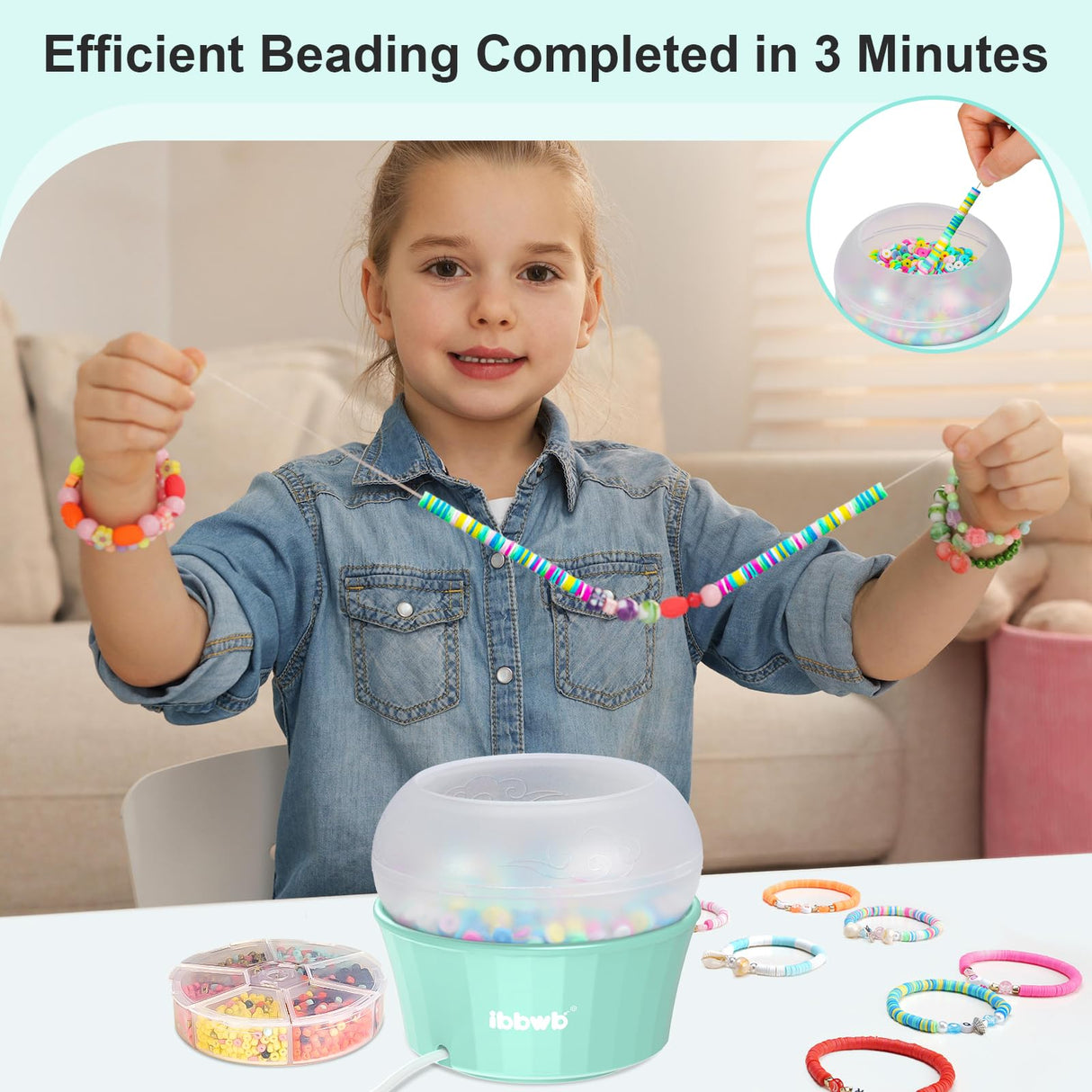 IBBWB Electric Clay Bead Spinner, Bead Spinner Kit with 2000+pcs Beads, Clay Bead Spinner for Jewelry, Clay Beads Bracelet, Waist Beads, Rice Beads, Making of Handicraft Gifts (Light Green) IBBWB