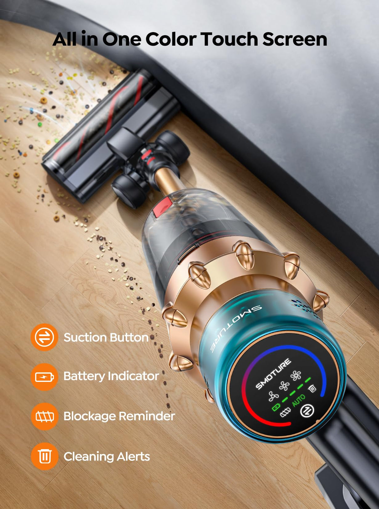 Cordless Vacuum Cleaner, 550W 45KPA 60 Mins Runtime Self-Standing Vacuum Cleaners for Home, Stick Vacuum with Charging Dock Station Removable Battery, Handheld Vacuum for Pet Hair/Carpet/Floor SMOTURE