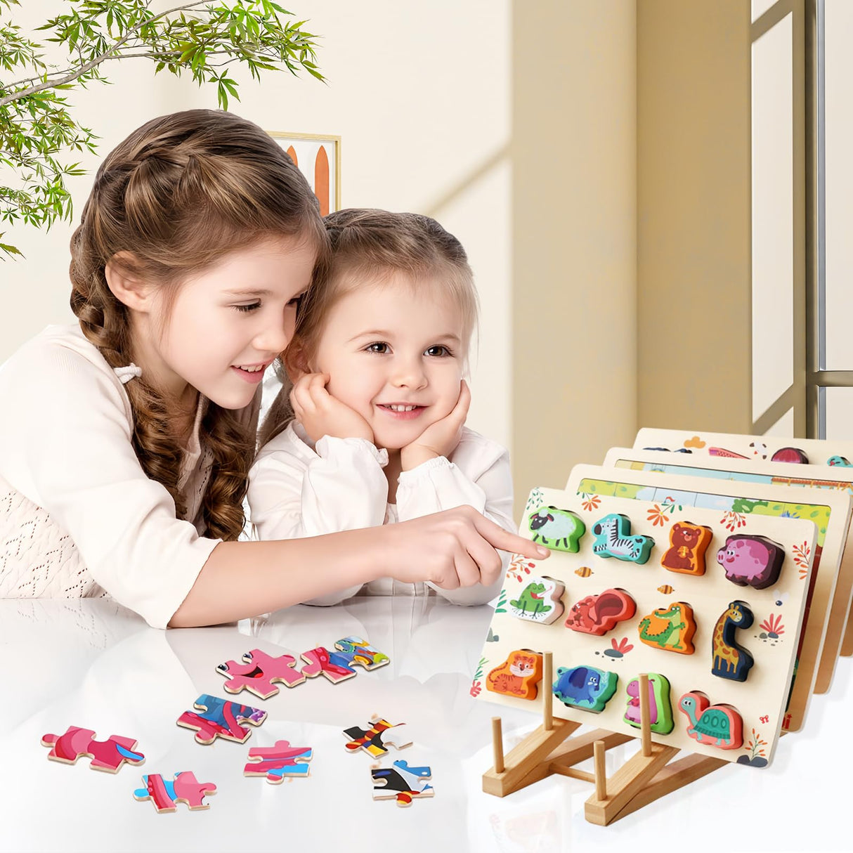 Gjulrfu 2-Piece Wooden Puzzle Storage Rack, Holder for Easel Board, Adult Puzzles Organizer Shelf gjulrfu