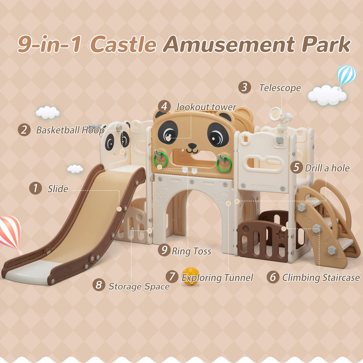 NYEEKOY 9 in 1 Toddler Slide and Climber Playset Indoor Outdoor Kids Slide with Basketball Hoop,Telescope and Storage Space, Freestanding Backyard Playground for Children Age 1-6 Nyeekoy