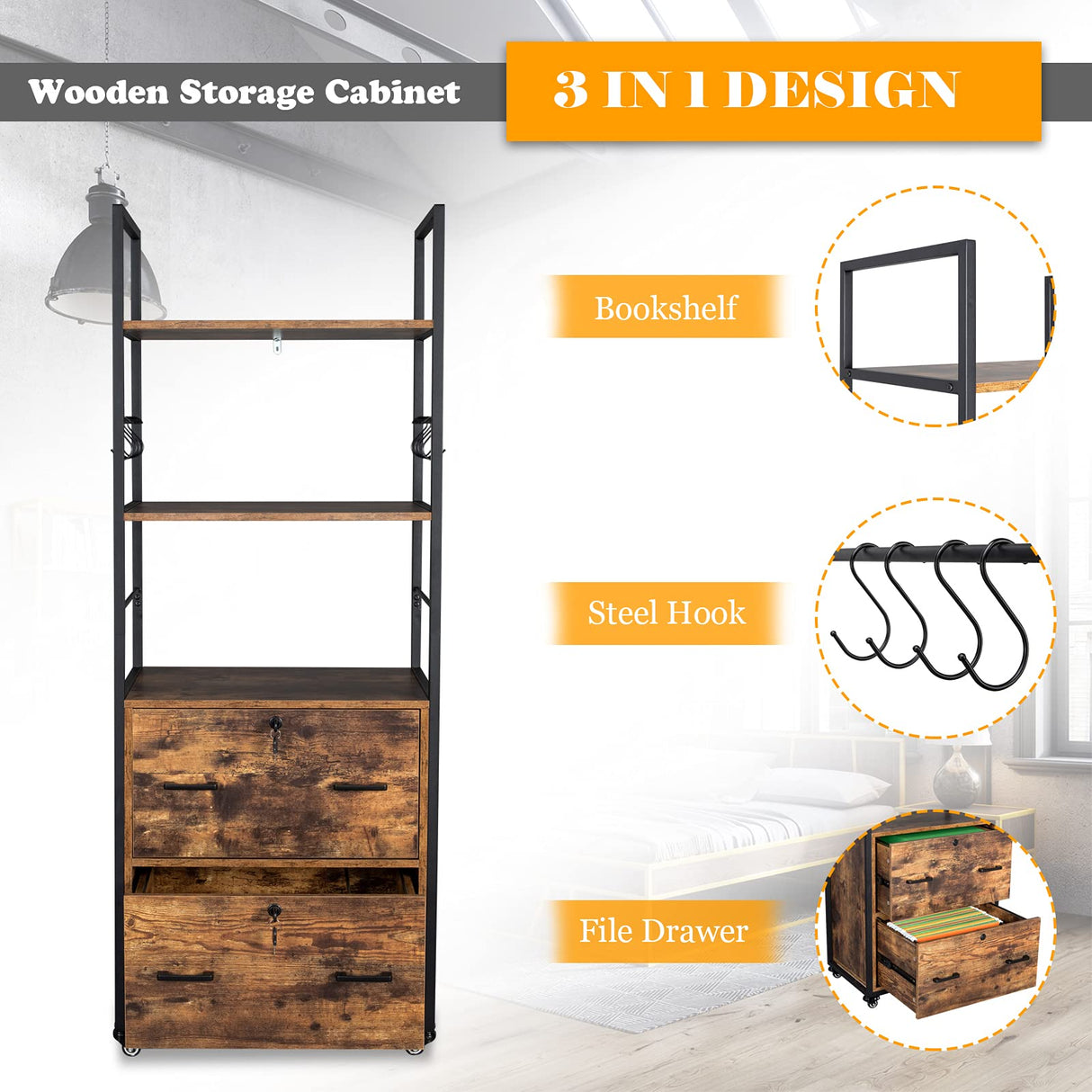 VINGLI Rustic Brown 65.7" Lockable 2 Drawer File Cabinet with Shelves - Versatile Freestanding/Rolling Design for Home Office VINGLI