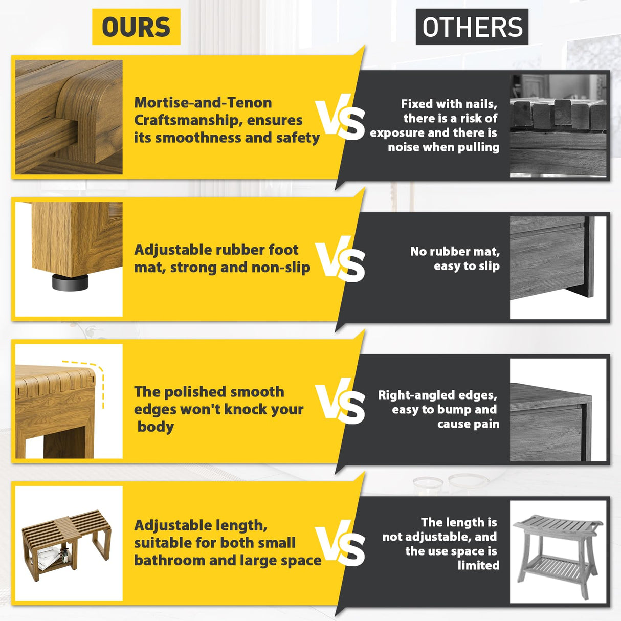 Update Adjustable Wooden Shower Benches for Inside Shower, 26.4'' Wood Shower Bench Waterproof, 440lbs Bathroom Bench with Storage, Sauna Bench for Bathroom, Shower Chairs for Seniors Adults Elderly WXCOPON