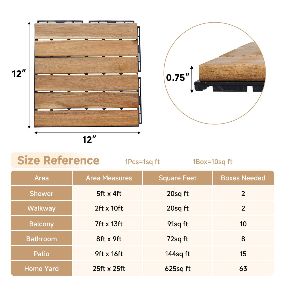 Rovibek 10PCS Deck Tiles, 12" x 12" Interlocking Deck Tiles Outdoor Waterproof, Acacia Wood Outdoor Deck Tiles All Weather for Balcony Poolside Backyard Outdoor Patio Flooring, Striped Yellow Rovibek