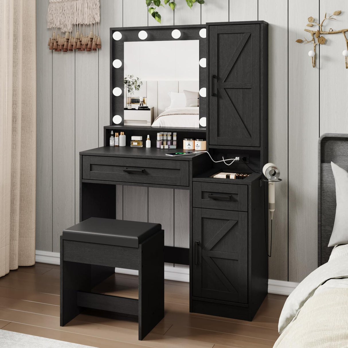 Fameill Vanity Desk with Mirror and Lights,Make up Vanity with Chair and Outlet,Dressing Table with Jewelry Cabinet, Bedroom Vanity with 2 Drawers, 3 Lighting Colors,36.4 inch,Black Fameill