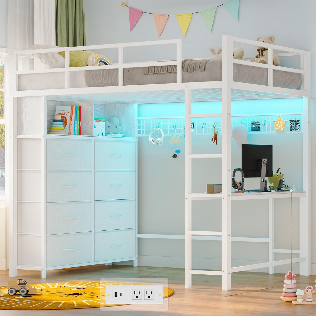 ADORNEVE Twin Size Loft Bed with Desk and 8 Storage Drawers, Metal Kids Loft Bed Twin with LED Lights & Charging Sation, Storage Shelves, 13.1" H Safety Guard & Ladder, No Box Spring Needed, White ADORNEVE