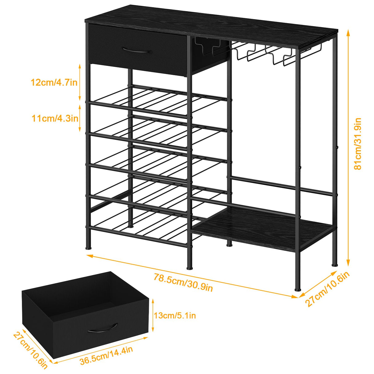 MOOACE Wine Rack Freestanding Floor, Wine Bar Cabinet with Wine Storage and Glass Holder, Mini Home Bar for Liquor Cabinet, Coffee Bar Storage for Kitchen, Dining Room, Living Room, Black MOOACE