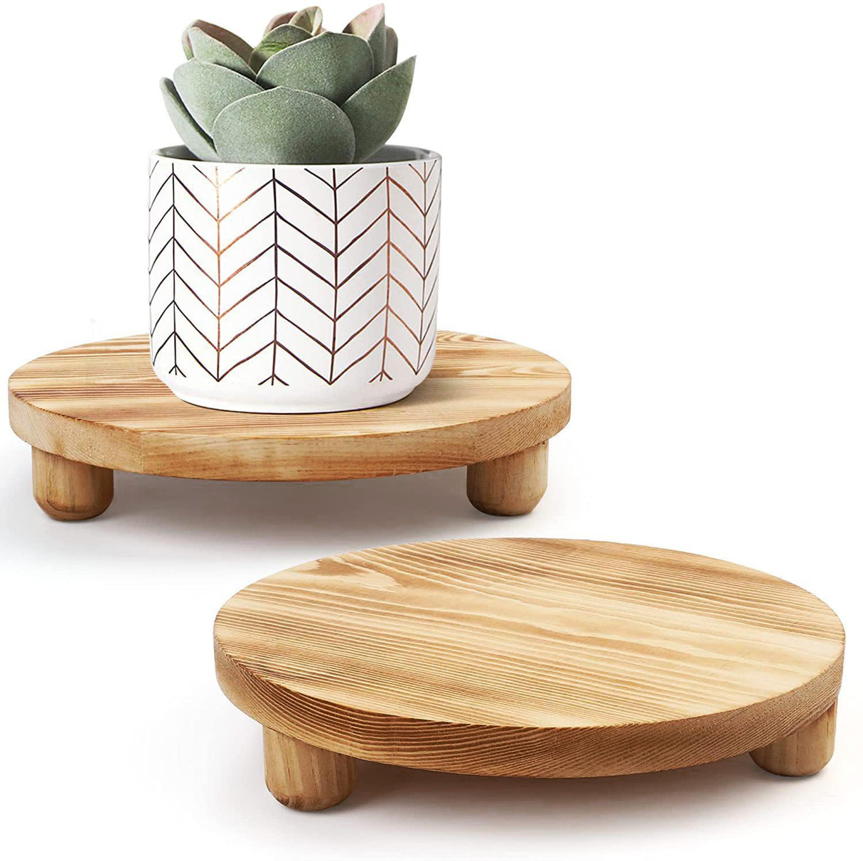 DEAMACE Wood Riser for Decor, 2 Pack Wood Pedestal Stand for Display, Round Wooden Tray for Kitchen Counter, Wooden Pedestal Stand for Plant Pot Indoor DEAMACE