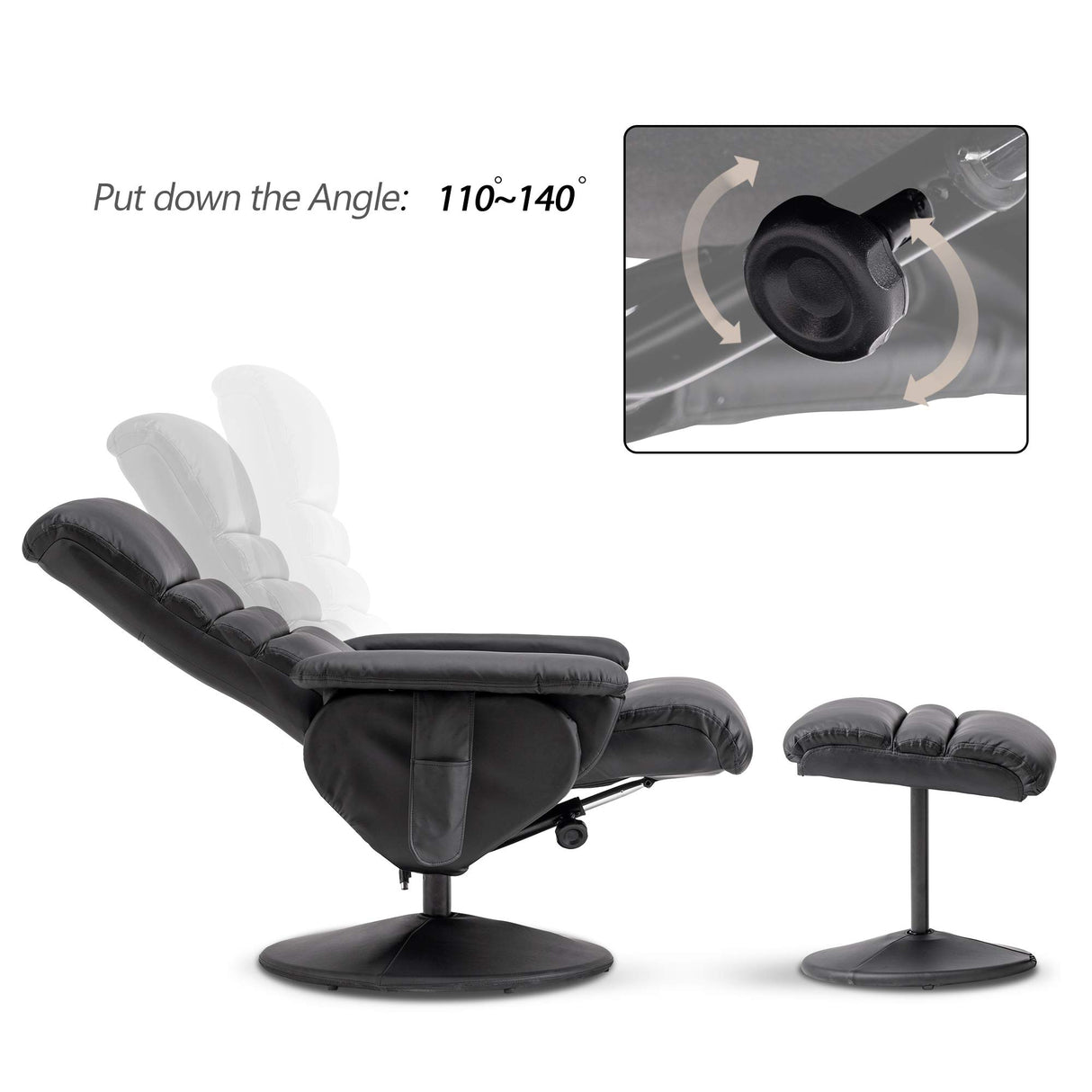MCombo Recliner with Ottoman, Reclining Chair with Massage, 360 Swivel Living Room Chair Faux Leather 7902 (Black) MCombo