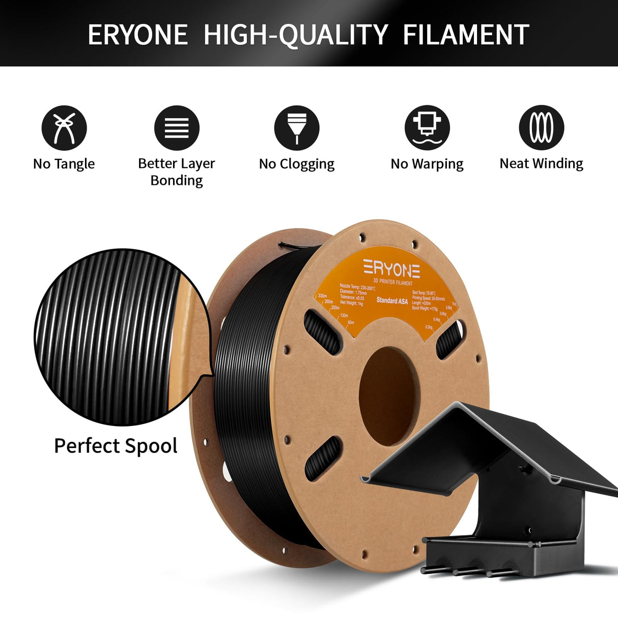 ERYONE ASA Filament 1.75mm UV&Weather Resistant, ASA 3D Printing Filament Perfect for Printing Outdoor Functional Parts, 1kg (2.2 lbs)/Spool, Black ERYONE