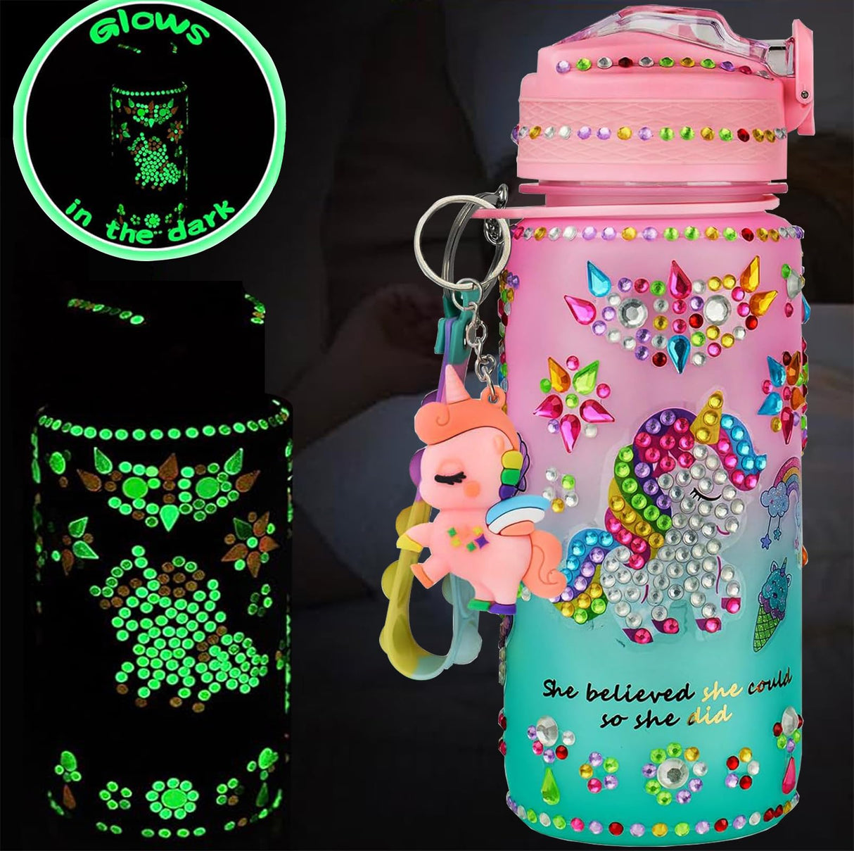 Glow in The Dark Decorate Your Own Water Bottle Kit,Unicorn Toy Gift for 4-6-8-10-12 Year Old Girl,Craft Toy for Age 3 4 5 6 7 8 9 10 Girl,Kid Teen Water Bottle Sticker for School Christmas Birthday Bemetu