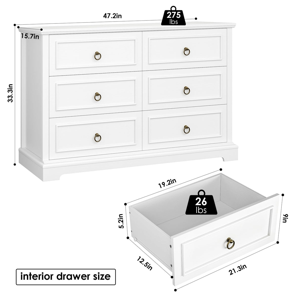 HOSTACK 6 Drawer Double Dresser, Modern Farmhouse Chest of Drawers, Wide Dressers Organizer, Accent Wood Storage Cabinet for Living Room, Hallway, White HOSTACK