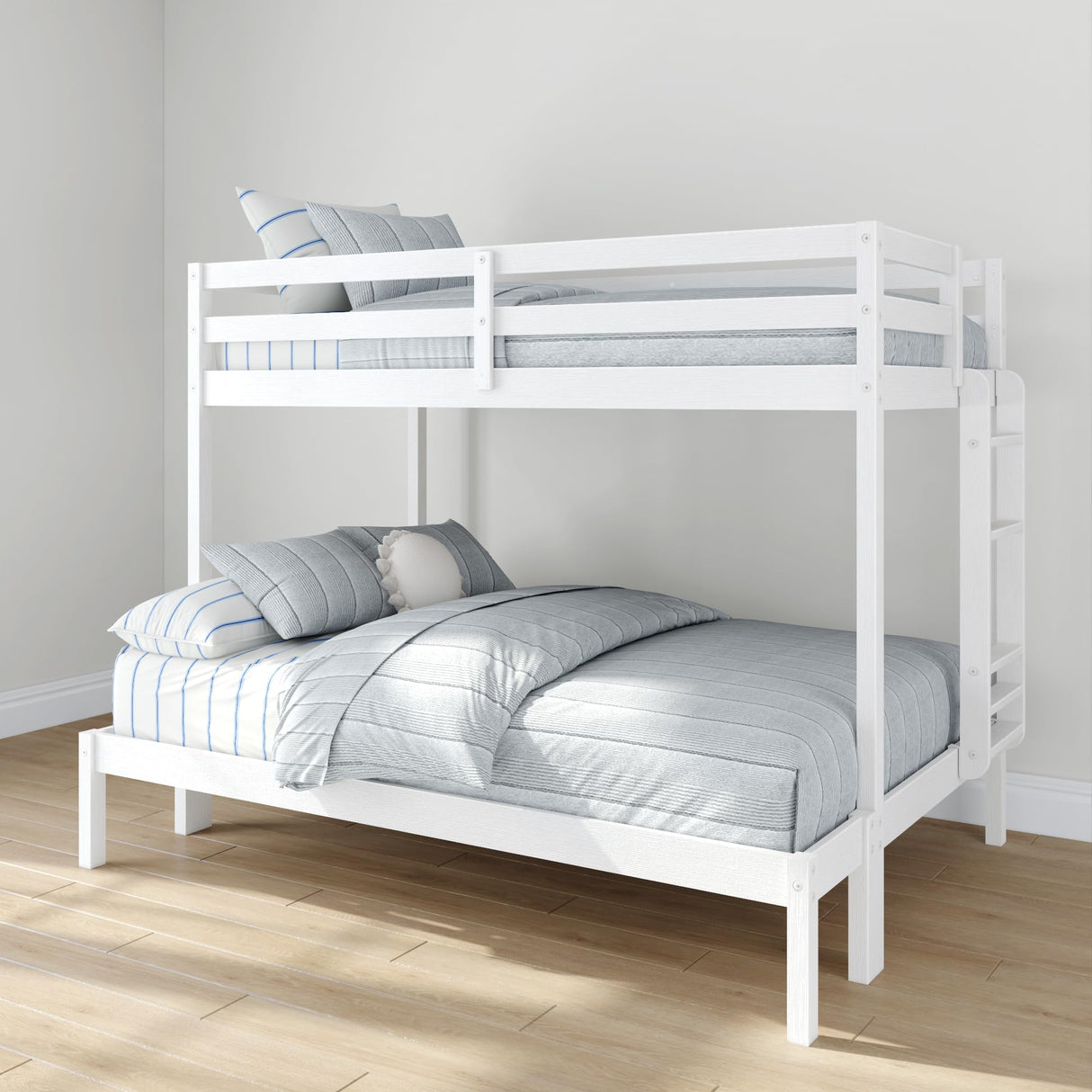 Grain & Grove Bear Twin Over Full Bunk Bed, Sturdy Bunk Bed Frame for Kids, Plywood Bunk with Ladder, Guardrail, and Slats, No Box Spring Required, Brushed White Grain & Grove