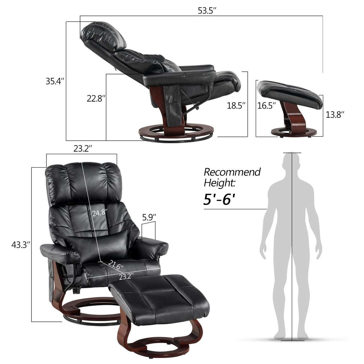 MCombo Manual Swivel Recliner with Ottoman, Reclining Chair with Vibration Massage for Small Spaces, Living Room, Office, Faux Leather 9068 (Black) MCombo