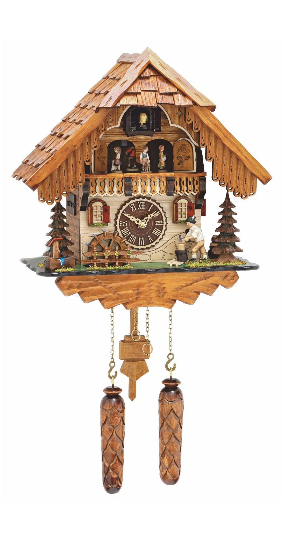 Trenkle Quartz Cuckoo Clock Black Forest House with Moving Wood Chopper and Mill Wheel, with Music TU 498 QMT HZZG Trenkle