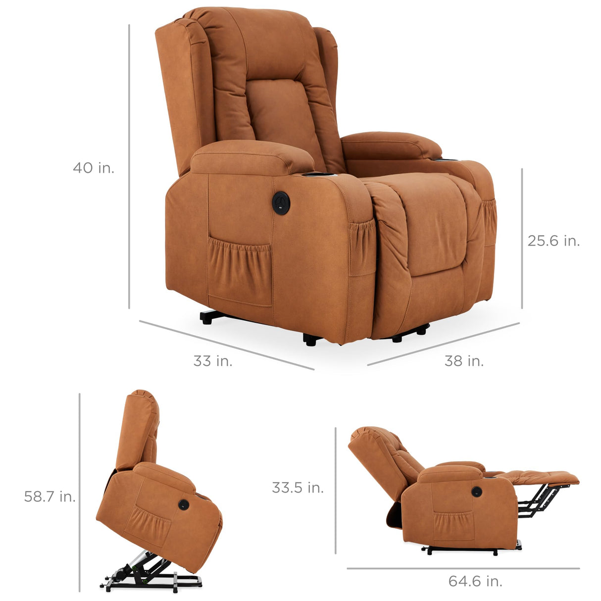 Best Choice Products PU Leather Electric Power Lift Chair, Recliner Massage Chair, Adjustable Furniture for Back, Legs w/ 3 Positions, USB Port, Heat, Cupholders, Easy-to-Reach Side Button - Cognac Best Choice Products
