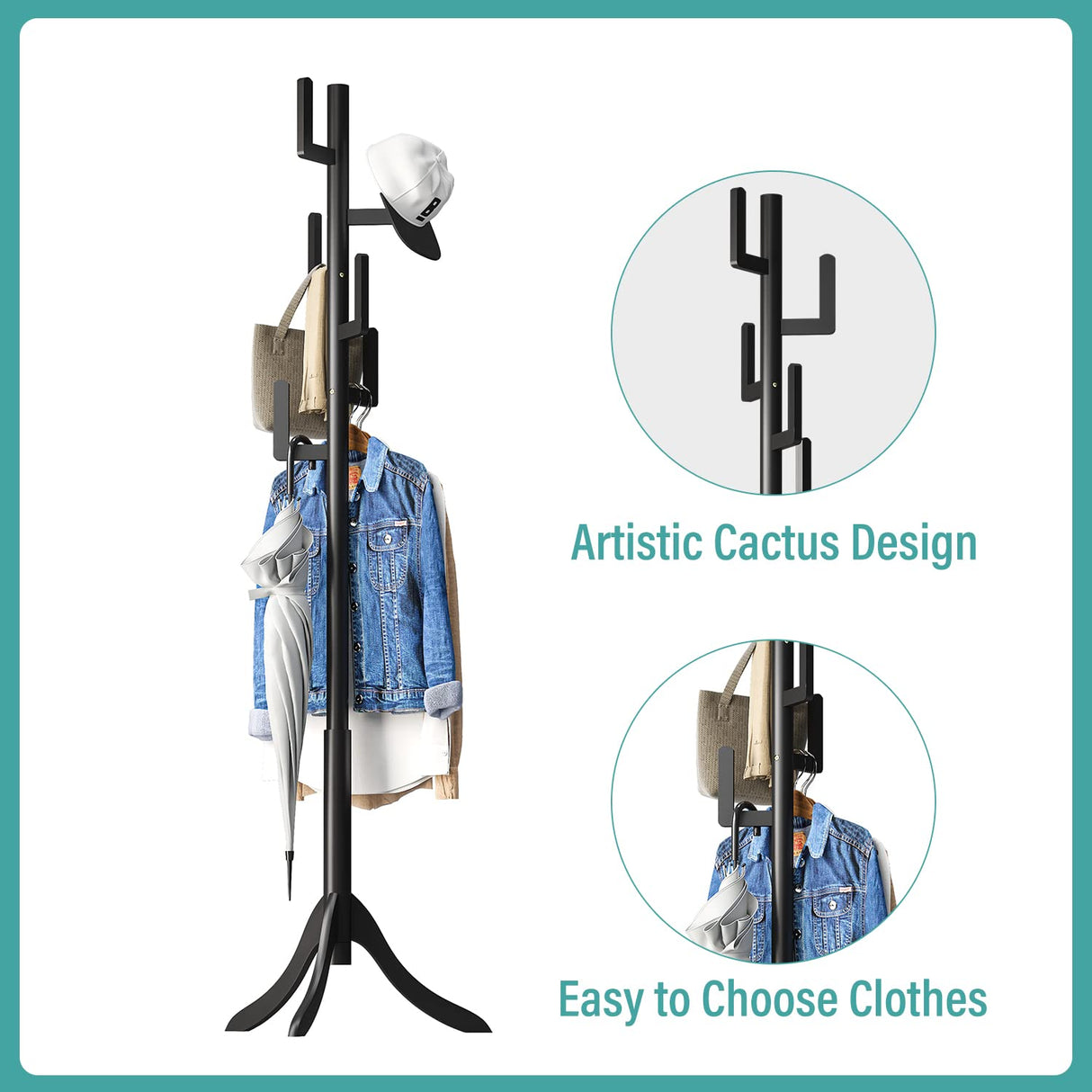 Vriccc Black Coat Rack Freestanding, Bamboo Cactus Coat Tree, Adjustable Height Wooden Coat Stand with 6 Hooks, kids coat rack, Used In The Bedroom Living Room, Office To Hang Clothes, Hats, Bags Vriccc