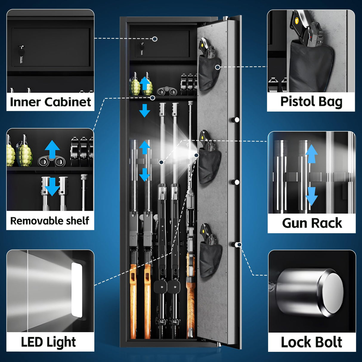 4-5 Gun Safes for Home Rifle and Pistols, Gun Safe with Electronic Password and Alarm Function,Gun Cabinets with 3 Pistol Bags and a Storage Box,Quick Access Safes with Removable Shelf for Shotguns Lnoauys