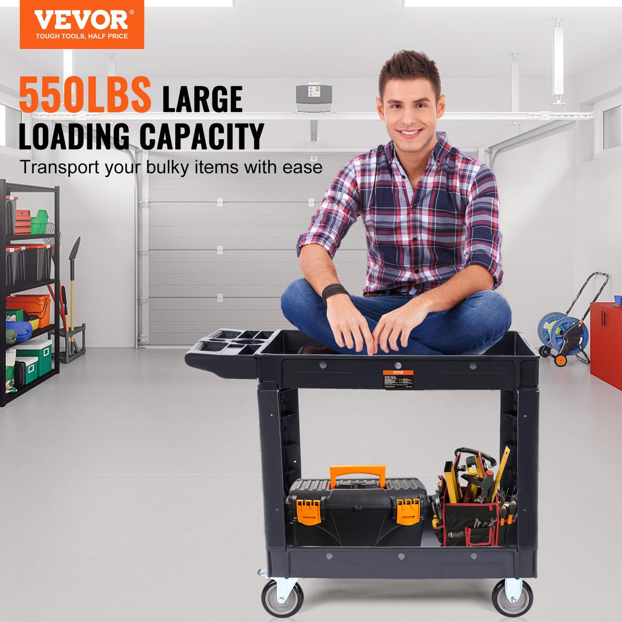 VEVOR Utility Service Cart, 2 Shelf 550LBS Heavy Duty Plastic Rolling Utility Cart with 360° Swivel Wheels, Medium Lipped Shelf, Ergonomic Storage VEVOR