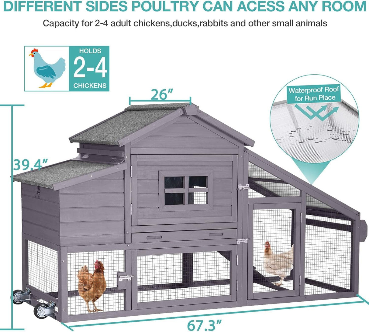 Chicken Coop, Mobile Chicken House with with Wheels, Outdoor Hen House Poultry Cage with Nesting Box, Leakproof Pull Out Tray and UV-Resistant Roof (Grey) Suumerpety