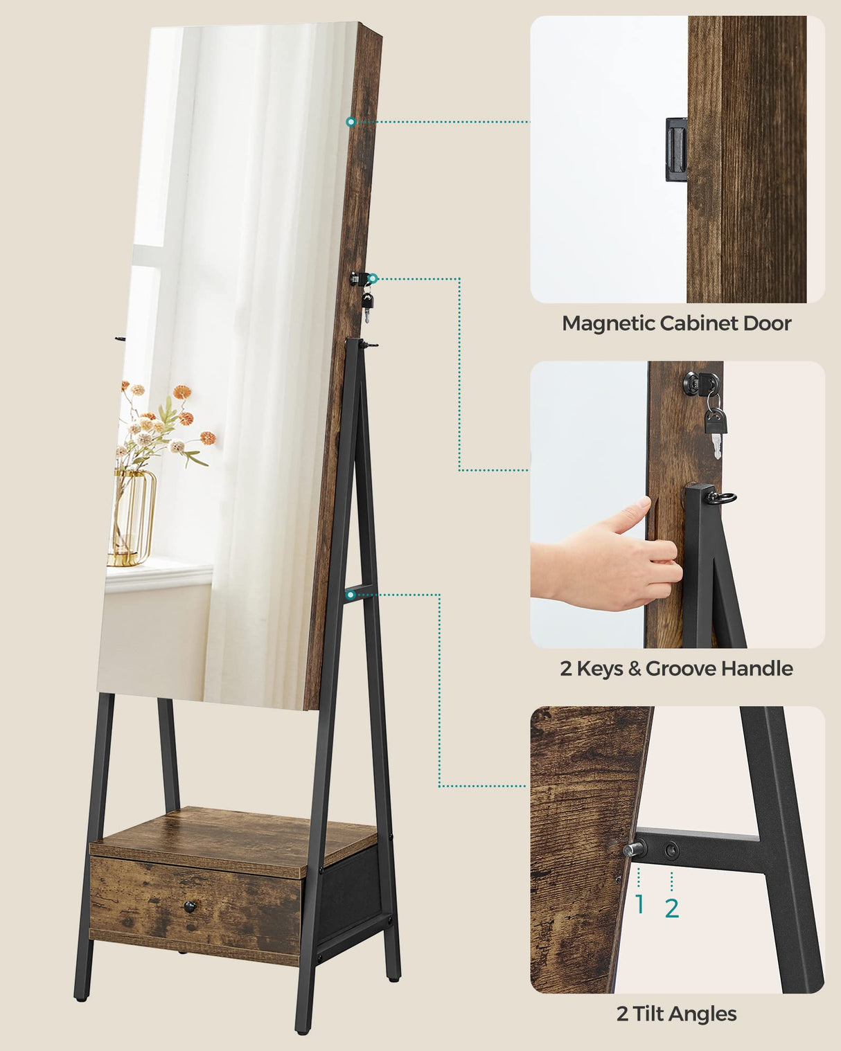 SONGMICS LED Cabinet Standing, Lockable Jewelry Armoire with Full-Length Mirror, Space-Saving Jewelry Organizer with Mirror, Bottom Drawer and Shelf, Gift Idea, Rustic Brown UJJC025X01 SONGMICS