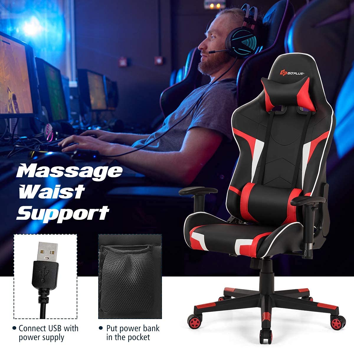CHEFJOY Massage Gaming Chair, High Back Office Computer Chair with Headrest and Lumbar Support, Racing Style Reclining Swiveling Game Chair for Home Office (Red) CHEFJOY