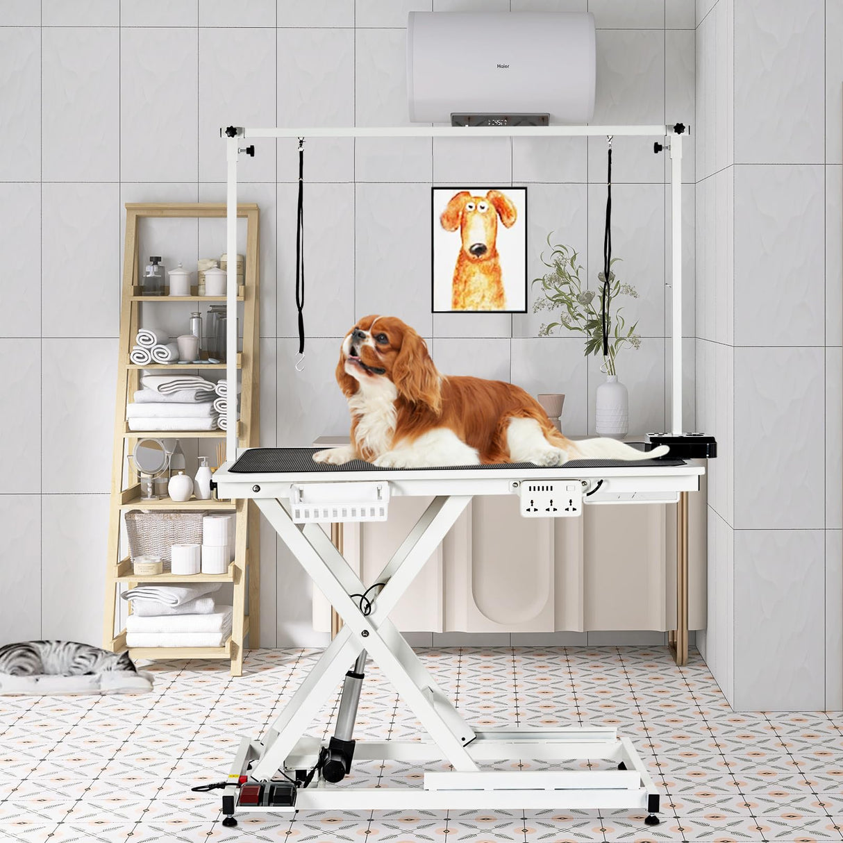 Professional Electric Dog Grooming Table Heavy Duty Pet Grooming Table Height Adjustable w/Leveling Wheels, Dog Grooming Arm, Anti Slip Tabletop &Tool Organizer, Dog Grooming Station 50" White GarveeLife