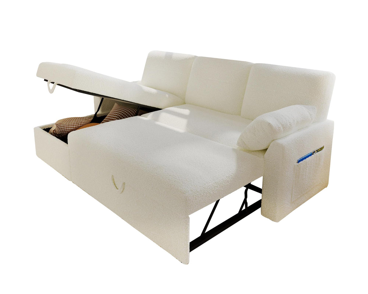 VanAcc Sleeper Sofa, Sofa Bed- 2 in 1 Pull Out Couch Bed with Storage Chaise for Living Room, Sofa Sleeper with Pull Out Bed, White Boucle Couch VanAcc