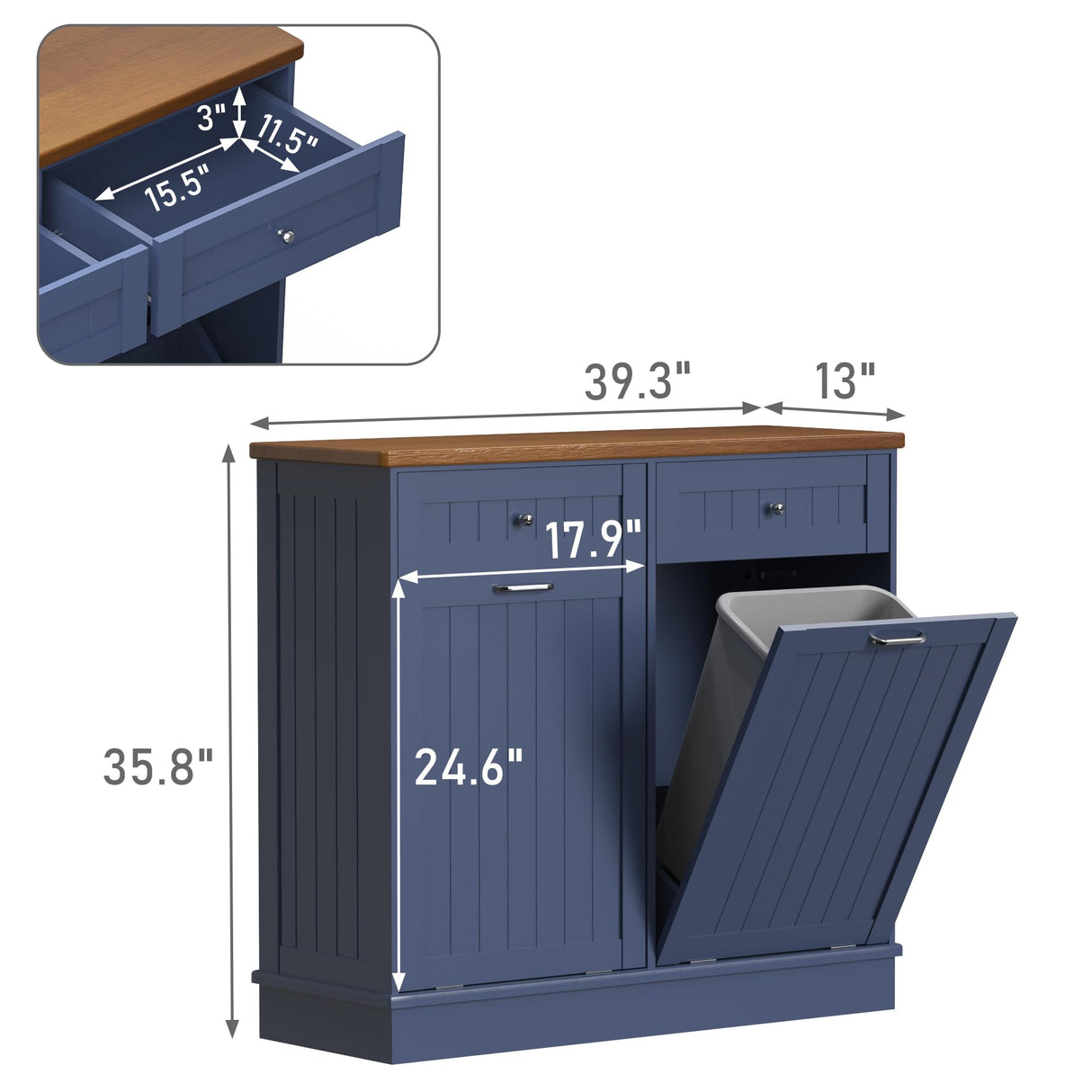 TOLEAD Double Tilt Out Trash Cabinet 20 Gallon,Antique-style Beadboard Trash Can Cabinet Kitchen with Solid Wood Tabletop & Drawer, Pet Proof Trash Can, Wood Laundry Cabinet (Blue) TOLEAD