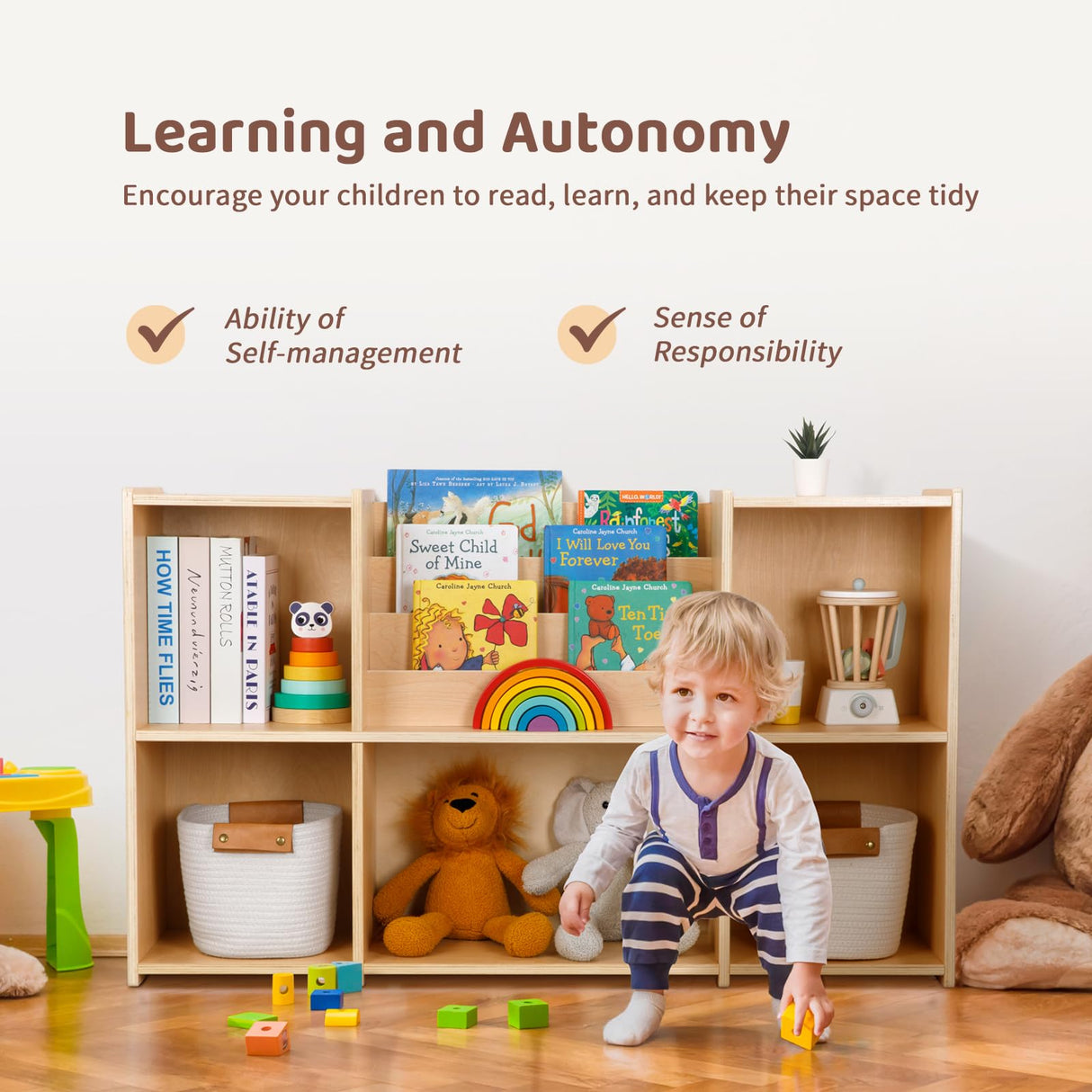 OOOK Montessori Bookshelf and Toy Storage Organizer, 2-Tier Horizontal Bookshelf, 5-Compartment Toy Storage Cabinet with Book Rack, Ideal Choice for Kids Classroom Organizer, Playroom and Daycare OOOK