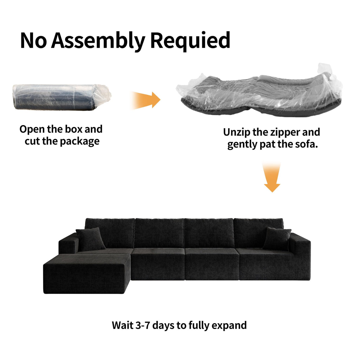 YHMEIXH 139" Black sectional couches for Living Room, Modular Sectional Sofa withDeep Seat, Boneless Sofa for Living Room, L-Shape Boneless Couch for Apartments Bedroom, No Assembly Required (Right) YHMEIXH