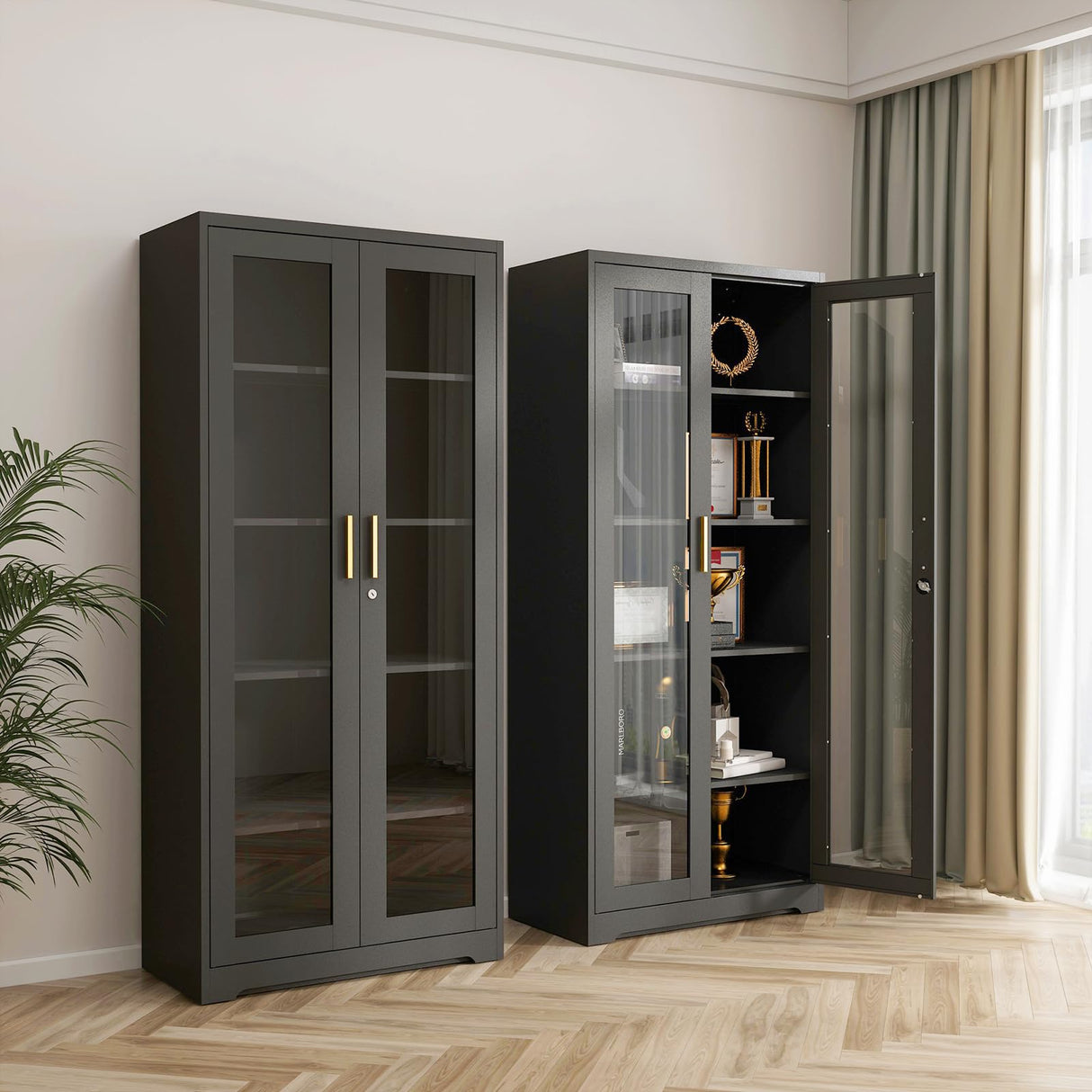 71" Tall Black Locking Cabinet, Metal Storage Cabinet with Glass Doors, Glass Display Cabinet, Curio Cabinet with 4 Adjustable Shelves, Cabinet for Home Office, Kitchen, Living Room- Assembly Required MetalMax