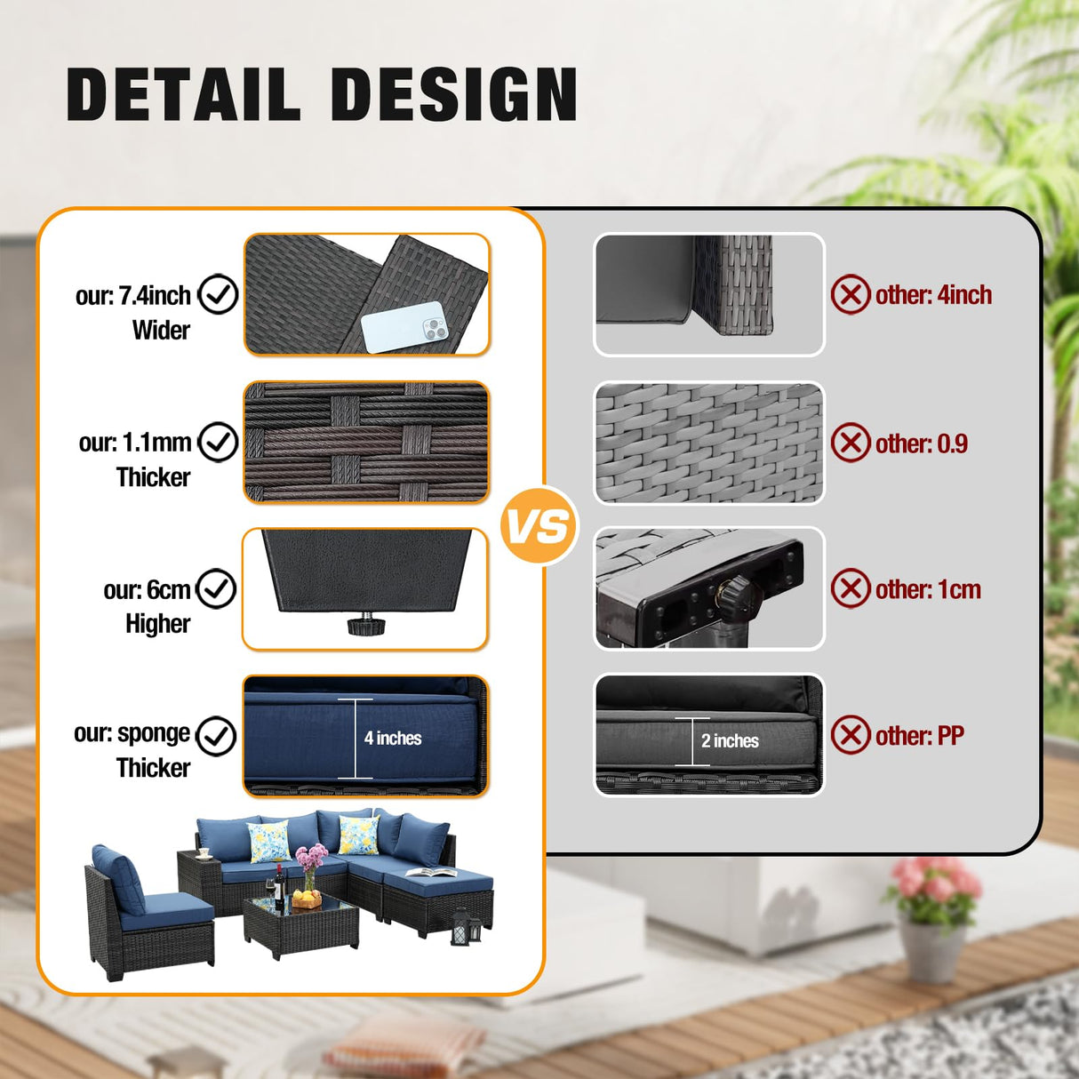 JOYURE 7 Pieces Patio Furniture Set All-Weather Outdoor Wicker Sectional Conversation Sofa Rattan Patio Seating Sofa with Cushion and Glass Table and Ottoman for Porch Poolside,Navy JOYURE