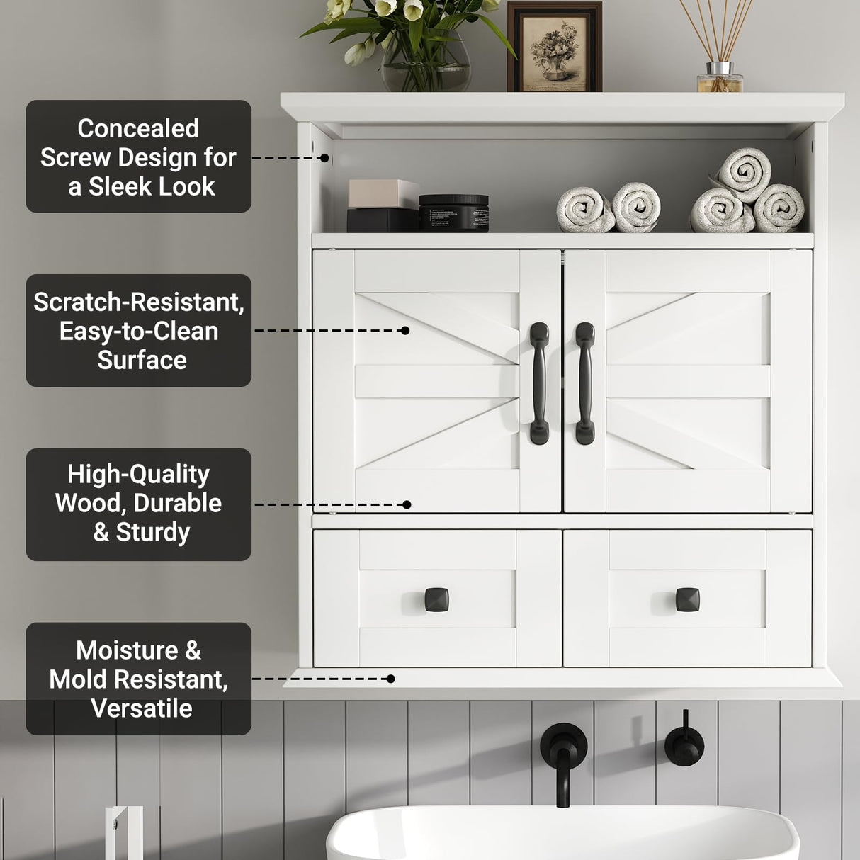 Seeday Bathroom Wall Cabinet, 23''Wx25''H Bathroom Cabinet Wall Mouted with Drawers, Barn Doors & Adjustable Shelf, Over The Toilet Storage Cabinet for Laundry Room, White Seeday
