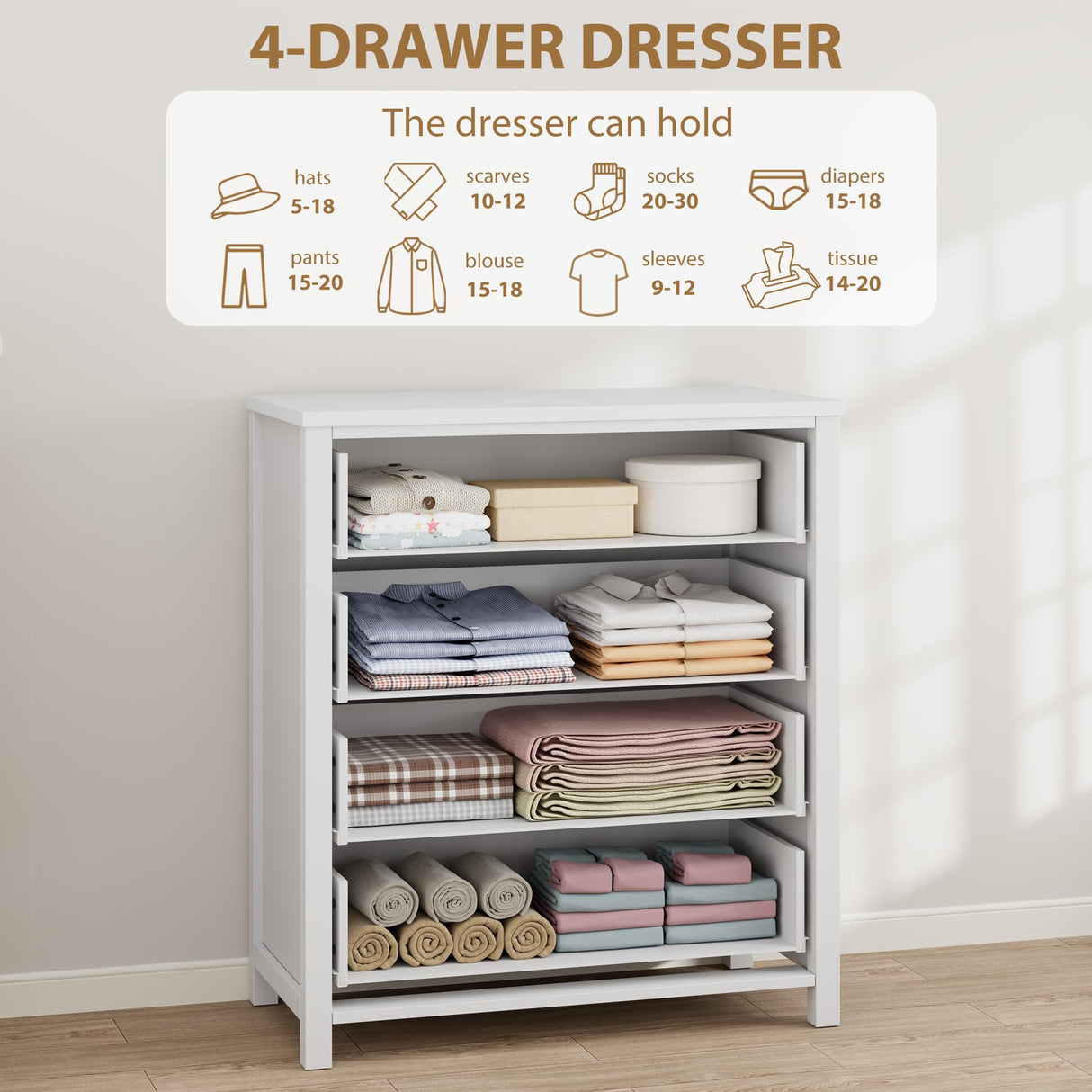 IDEALHOUSE Dresser for Bedroom, Chest of Dressers 37" Tall Dresser for Closet with 4 Drawers Chest with Clothes Storage Cabinet, Drawer Organizer for Bedroom, Living Room, Closet, Hallway, White IDEALHOUSE
